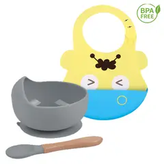 GENERICO - Pack Babero Hipopotamo con Cuenco Gris para bebe