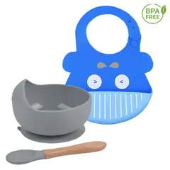 GENERICO - Pack Babero Ballena con Cuenco Gris para bebe