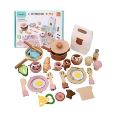 GENERICO - Set Premium de Cocina y Comida de Madera 32 Piezas Osito para Niños