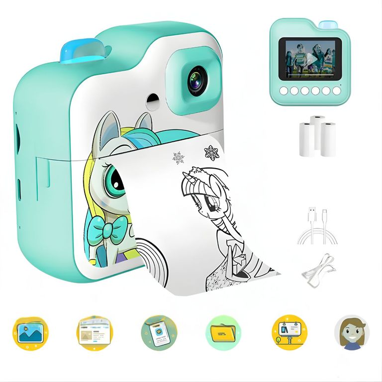 Cámara para Niños 1080p con Impresora Térmica Filtros Video HD y Diseño Unicornio