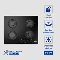 SOLE - Cocina Empotrable a Gas SOLCO049 4 Hornillas 60 cm - Negro