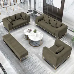 BARAKA HOME - Juego de sala 3 2 1 Dolneni + Banqueta + Mesa de centro - Beige Oscuro