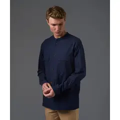 MBO - Camisa Hombre Manga Larga Look Lino Cuello Neru Doble Bolsillo Slim Fit