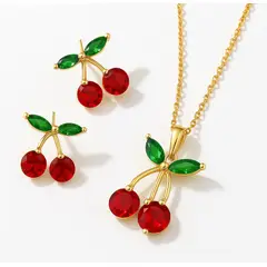 GENERICO - Set Collar y Aretes Cereza Cristal Rojo Mujer Acero Inoxidable