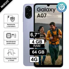 SAMSUNG - Celular Galaxy A07 67 4GB RAM 64GB cámara principal 50MP + 2MP frontal 8MP Morado