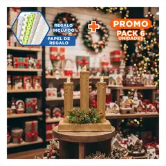 GENERICO - Pack6 Adorno Navideño con Tres Velas y Frutos Rojos a Pilas Dorado Y+Papel Regalo