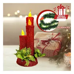 GENERICO - Vela Escarchada en Escalón con Luz LED a Pilas y Hojas Rojo Y+Guirnalda Nav