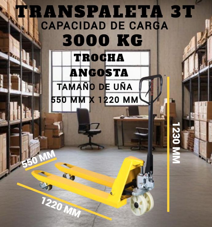 TRANSPALETA 3000 KG ELEVADOR MANUAL PATO DE CARGA RUEDAS NYLON TROCHA ANGOSTA