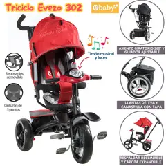 EBABY - Triciclo para niños Musical y luces Evezo Rojo
