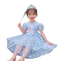 GENERICO - Vestido Princesa Manga Corta Sky Blue con Lazo Niñas Disfraz Navidad Genieka