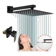 GENERICO - Kit Ducha Grande 25cm +mando Agua Fría +brazo Cuadrado Acero Negro Mate