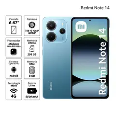 XIAOMI - REDMI NOTE 14 AZUL OCEANO 8GB RAM + 256GB ROM/ CAMARA 108MP AI 5500 mAh Hasta 16GB RAM de ext