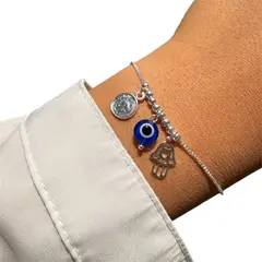 JOYERIA D'PILMER - PULSERA DE PLATA OJO TURCO AZUL EN TRIO SAGRADO