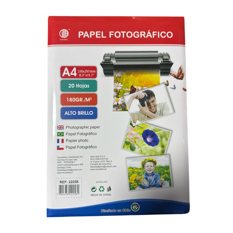 Papel Foto Brillante A4 180gr 20 Hojas.