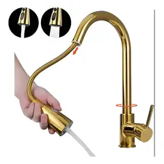 GENERICO - Mezcladora Extensible Doble Chorro Giro 360° Acero Dorado Dorado Brillante