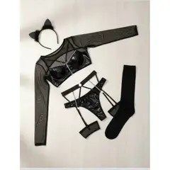 GENERICO - LENCERIA SEXY DISFRAZ GATITA TRANSPARENTE PORTALIGA LIGUERO TALLA S-M-L