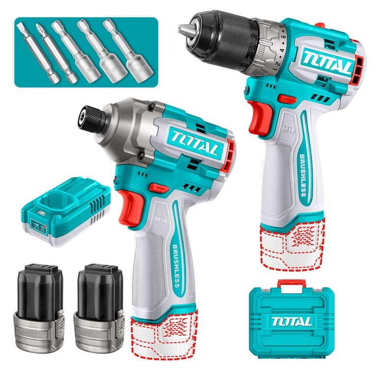 Taladro Atornillador 60Nm + Atornillador de Impacto 170Nm 16v Total