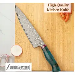 GENERIC - Cuchillo Chef #8 Acero Damasco 67 capas "VG10". Mango de Madera de Mamut Azul