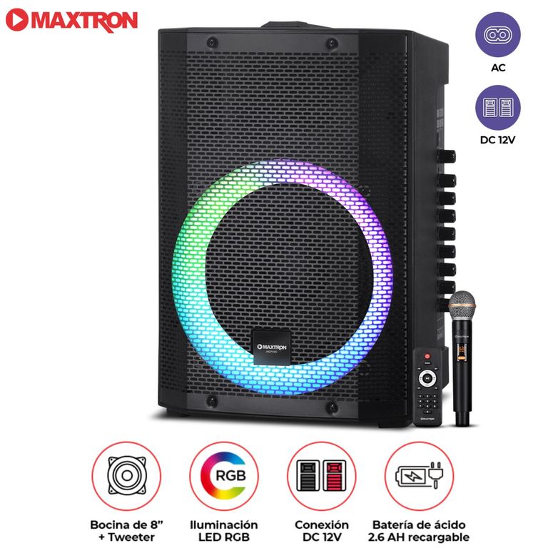 Parlante Portátil Aspire MX 300 Bocina de 8 pulgadas USB BT Luces LED RGB