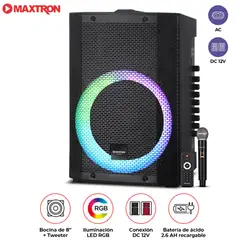 MAXTRON - Parlante Portátil Aspire MX 300 Bocina de 8 pulgadas USB BT Luces LED RGB