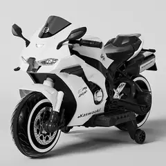OEM - Moto Eléctrica Infantil Estilo Kawasaki Ninja ZX-10R Blanco con Luces LED USB 12V y Doble Motor