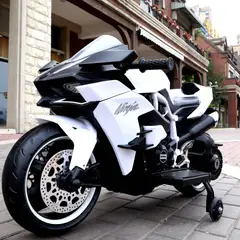 OEM - Moto Eléctrica Infantil niños Estilo Kawasaki Ninja H2 Blanco con Luces LED USB 12V y Doble Motor