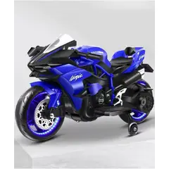 OEM - Moto Eléctrica Infantil niños Estilo Kawasaki Ninja H2 Azul con Luces LED USB 12V y Doble Motor