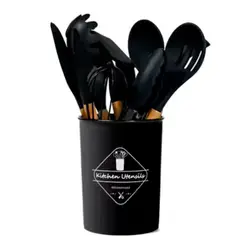 ICHIMATSU - Jgo Utensilios Negro de Silicona para Cocina 12 Pz Mango Madera - 70294195
