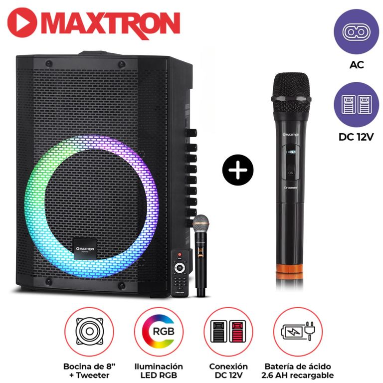 Promo Parlante Portátil MX 300 USB, BT con 02 Micrófonos Luces LED RGB