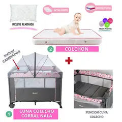 EBABY - Cuna Colecho y Cambiador NALA ROSADO más COLCHON