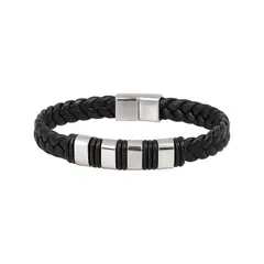 GENERICO - Pulsera Cuero Trenzado Negro Placas Plata Hombre