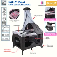 EBABY - Cuna corral mecedora y Cambiador Sally 716-4 RosadoGris