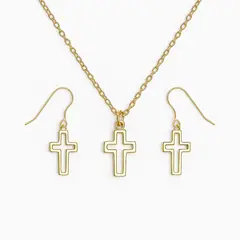 GENERICO - Set Collar y Aretes Cruz Contorno Acero Inoxidable Mujer Plateado