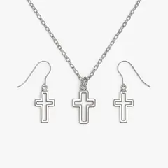 GENERICO - Set Collar y Aretes Cruz Contorno Acero Inoxidable Mujer Plateado