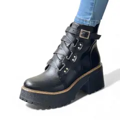 GENERICO - Botin Mujer 1299P-63 Planta De Goma Taco 5 Con Plataforma Black Biocuero Color Negro
