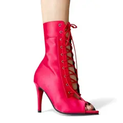 GENERICO - Botin Mujer 1299P-85 Planta De Goma Taco 9 Satinado Con Maya Y Piedras Color Red Satin