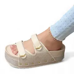 GENERICO - Sandalia Mujer 1299P-55 Planta De Goma Taco 5 Escarchado Biocuero Color Brillo Hueso