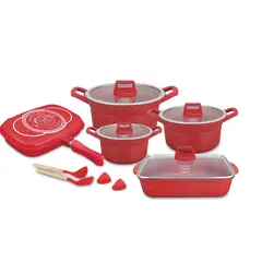 VALESKA - Juego de Ollas de Roca Volcánica Modelo VL-LETO9 Rojo