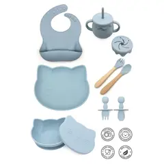 GENERICO - SET DE VAJILLA GATITO PARA BEBE COLOR CELESTE ACERO