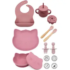 GENERICO - SET DE VAJILLA GATITO PARA BEBE COLOR ROSADO VINO