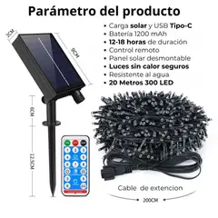 ARTEZA - Luces Navideñas Solares 20 Metros 300 LED Exterior Impermeable + Control Remoto