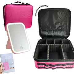 GENERICO - Organizador Neceser Glam con Divisiones + Espejo LED Recargable Maquillaje Pro Regalo Ideal