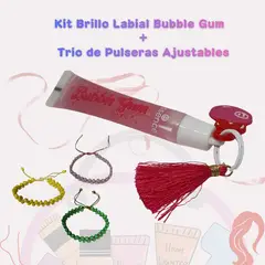GENERICO - Kit Brillo Labial Bubble Gum + Trio de Pulseras Ajustables Regalo Perfecto para Niñas
