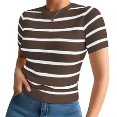 GENERICO - Polo Mujer 359G Ross-17 Polo Rayas Gruesas Manga Corta Hilo Tacto Color Marron