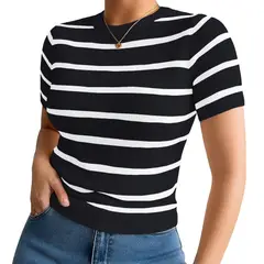 GENERICO - Polo Mujer 359G Ross-17 Polo Rayas Gruesas Manga Corta Hilo Tacto Color Negro