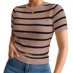 GENERICO - Polo Mujer 359G Ross-17 Polo Rayas Gruesas Manga Corta Hilo Tacto Color Caramelo