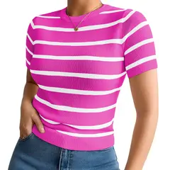 GENERICO - Polo Mujer 359G Ross-17 Polo Rayas Gruesas Manga Corta Hilo Tacto Color Fucsia