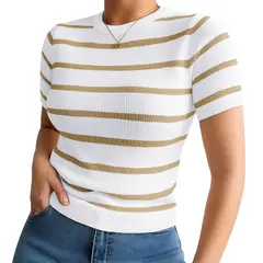 GENERICO - Polo Mujer 359G Ross-17 Polo Rayas Manga Corta Hilo Tacto Color Vainilla