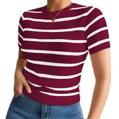 GENERICO - Polo Mujer 359G Ross-17 Polo Rayas Gruesas Manga Corta Hilo Tacto Color Vino