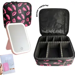 GENERICO - Organizador Neceser Glam con Divisiones + Espejo LED Recargable Maquillaje Pro Regalo Ideal